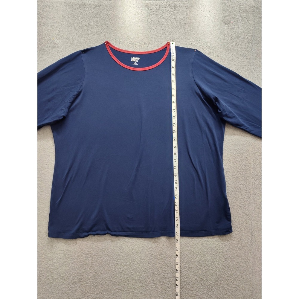 Lands End Women T Shirt 2X Navy Blue Trim Crew Neck Long Sleeve Stretch Comfort